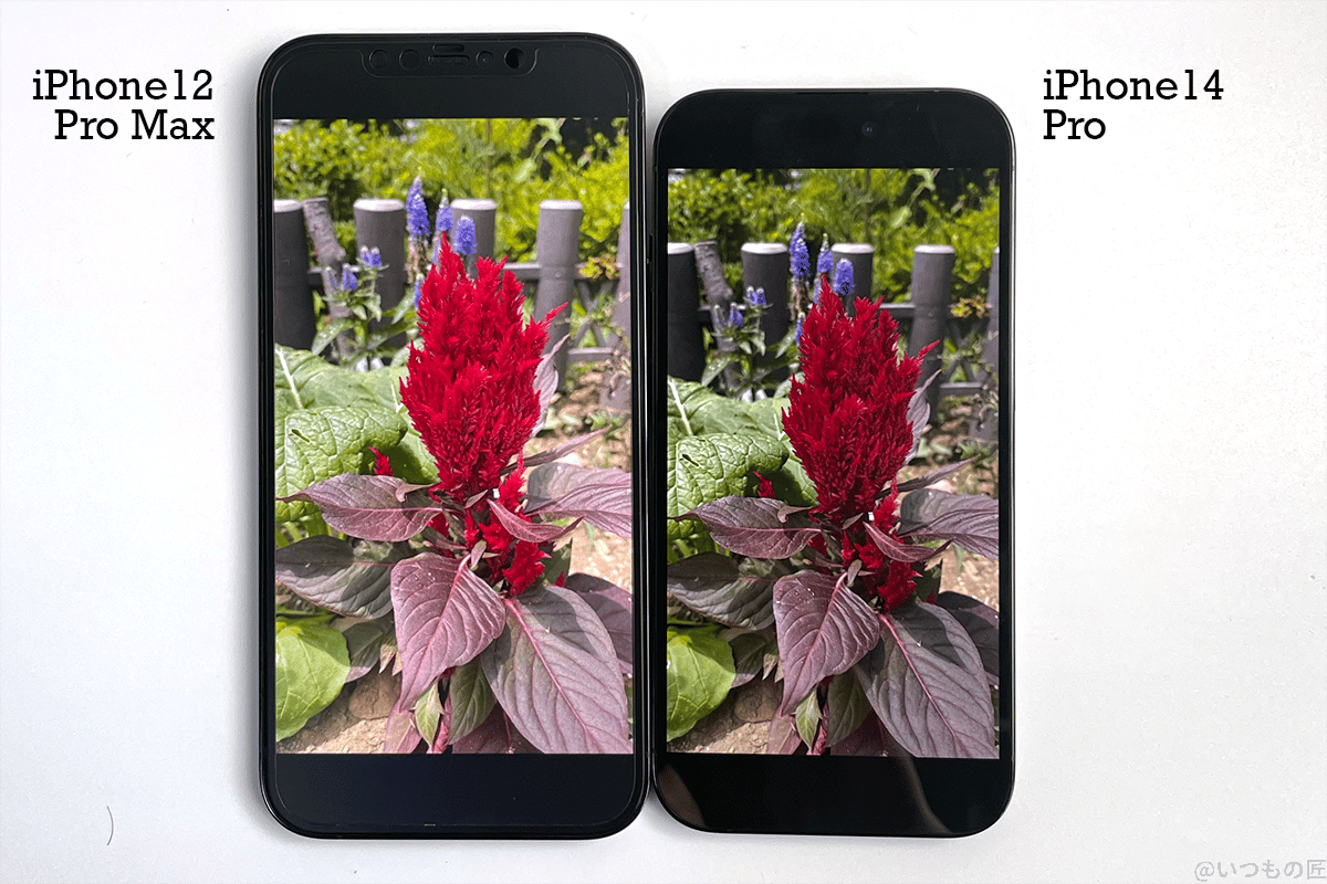 | iphone review.jp iPhone12 Pro MaxとiPhone14 Proの室内での表示状態
