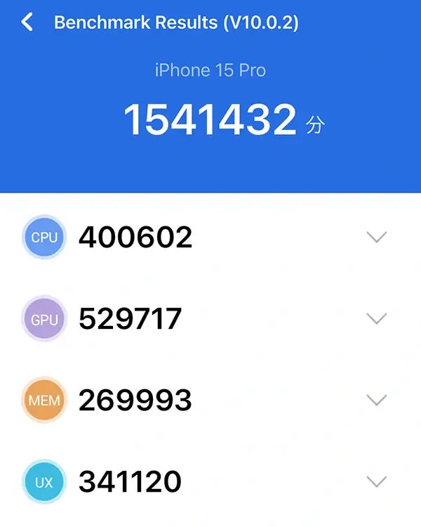 iPhone15 ProのAntutu Benchmark結果 1回目