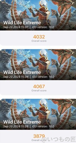 iphone16-3dmark-result | iphone review.jp iPhone16 AnTuTu ベンチマーク 3D MarkのWild Life Extremeのスコア