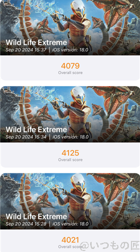 iPhone16 Plus AnTuTu ベンチマーク 3D MarkのWild Life Extremeのスコア比較