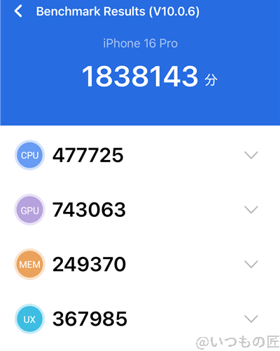 iPhone16 Pro ベンチマーク Antutu AnTuTu Benchmark V10 計測結果（冷却時）
