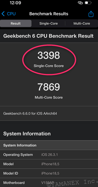 GeekbenchでiPhone17eのベンチマークを計測した時の最高スコア